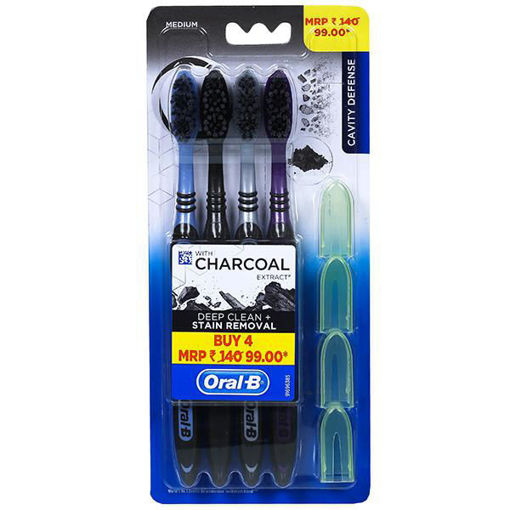 Picture of Oral B Cavity Defence  Deep Clean + Stain Removal Tooth Brush With Cavity With Charcoal Extract : 4 Soft Toothbrushes with Cup Shaped Bristles
