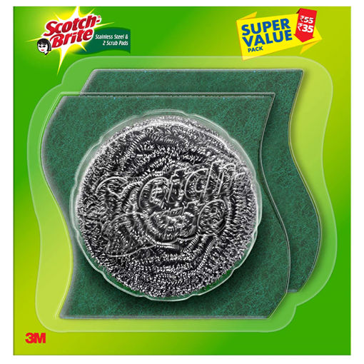 Picture of ScotchBrite Stainless Steel and Scrub Pad combo 1 Steel Scrubbers (15g) + 2 Scrub pads.
